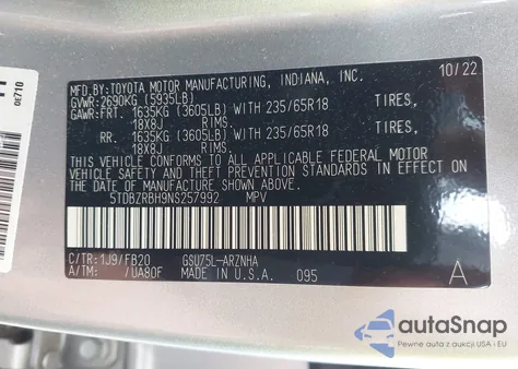 2022 Toyota Highlander Le from USA, damaged, VIN 5TDBZRBH9NS257992